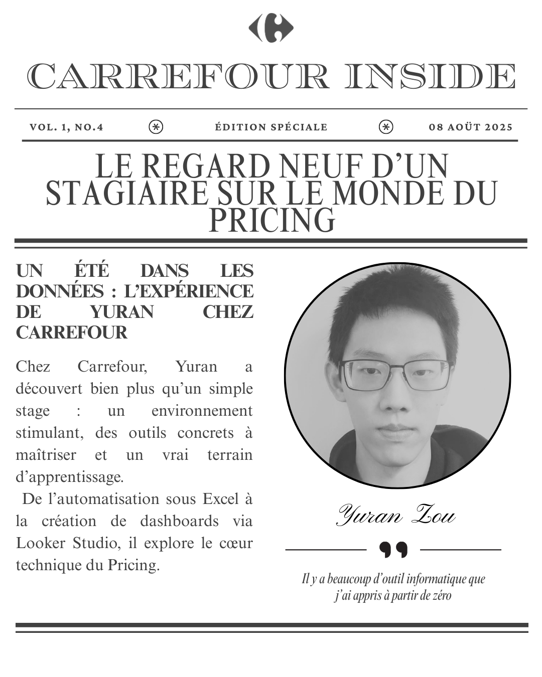 Visuel qui illustre l'article "Carrefour Inside - Le regard neuf d'un stagiaire sur le monde du pricing". Mise en page d'article de journal avec une photo de l'interviewé Yuran Zou.