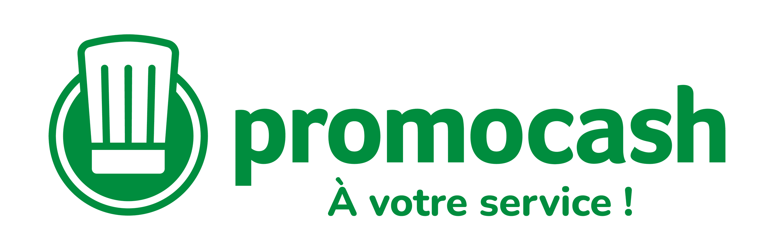 Logo PROMOCASH, accompagné de la signature "A votre service !"