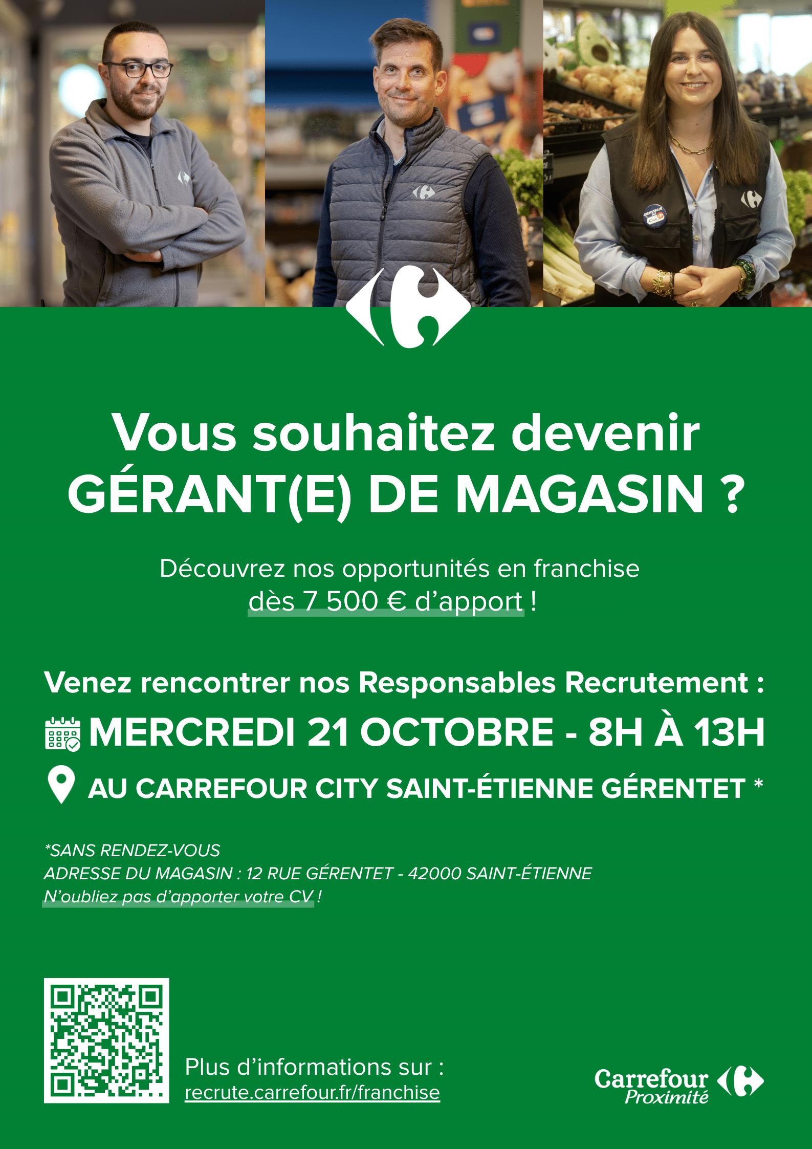 affiiche présentatnt des gérants de magasins Carrefour Proximité et informant du Job Dating du 21 octobre à Saint-Etienne